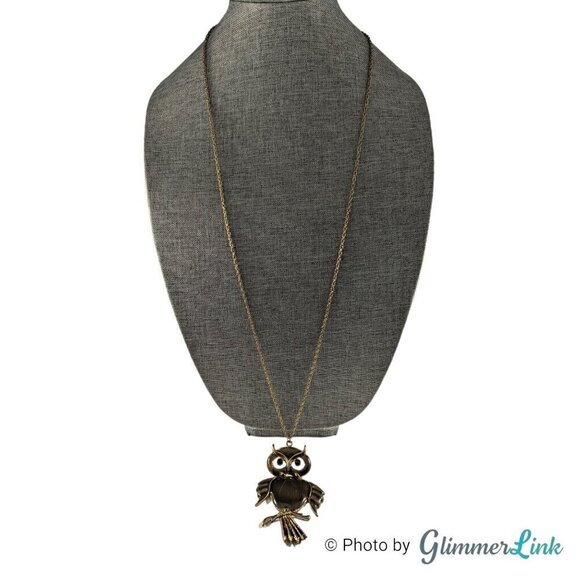 Articulated Enameled Owl Long Antiqued Gold Tone Chain Necklace - Picture 5 of 14